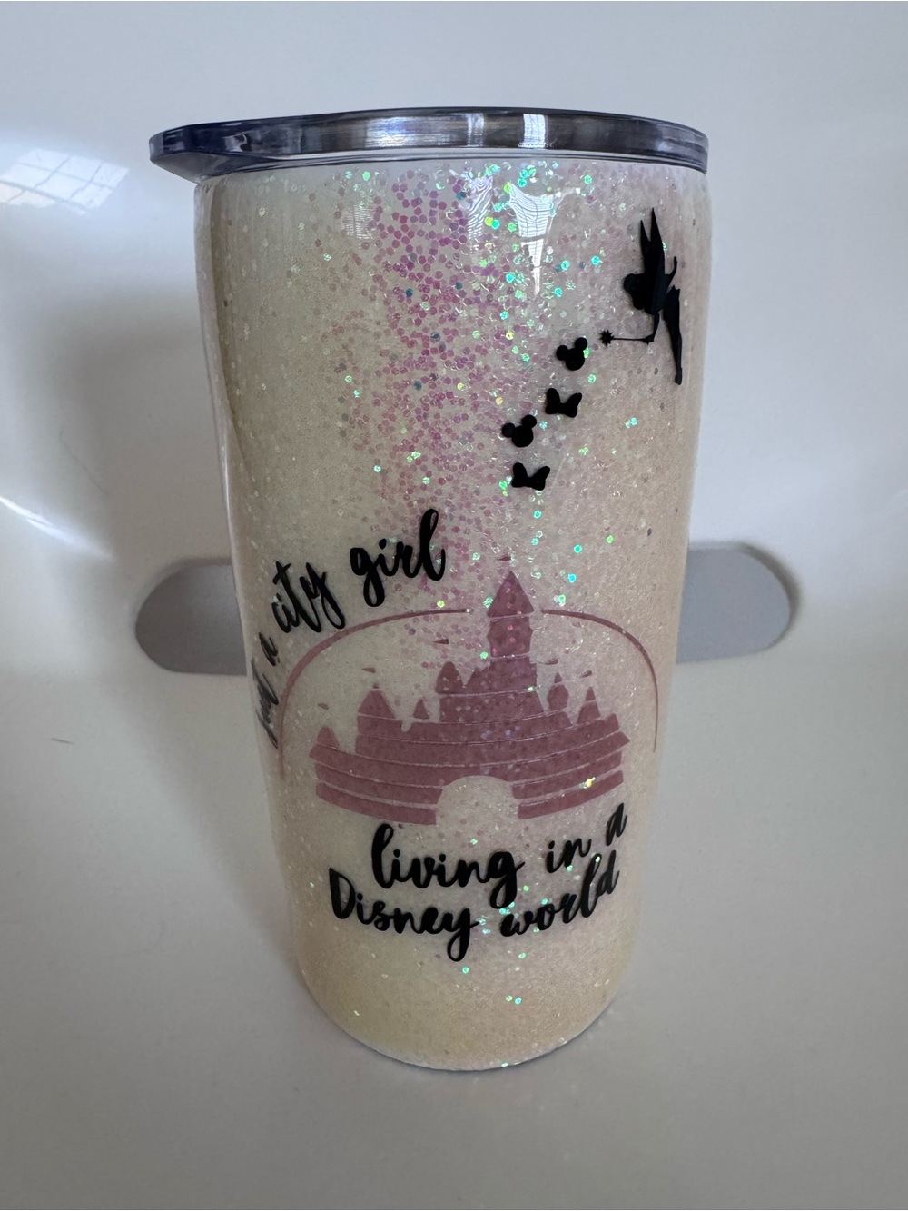 Disney Inspired Cream Glitter Tumbler 20 oz Pink Castle Tinkerbell Travel Cup - Picture 2 of 10